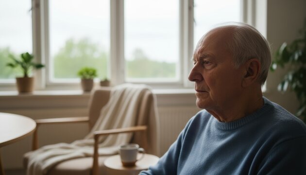 pensive elderly man by window for aging society themes, mental health awareness stories and personal reflection moment concepts