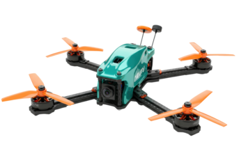 Isolated hobby FPV drone with props attached, digital camera setup for race and freestyle videos