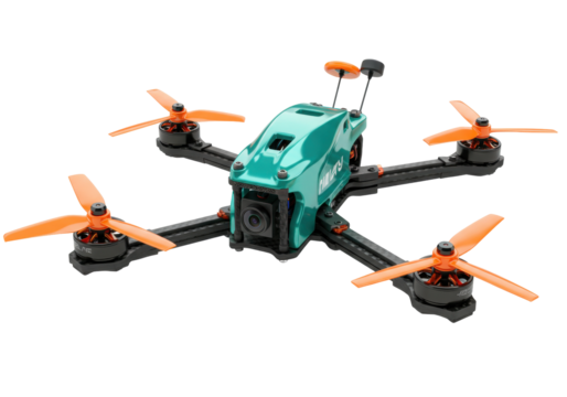 Isolated hobby FPV drone with props attached, digital camera setup for race and freestyle videos