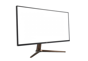 Isolated computer monitor, display screen for desktop PC with brown base and black frame