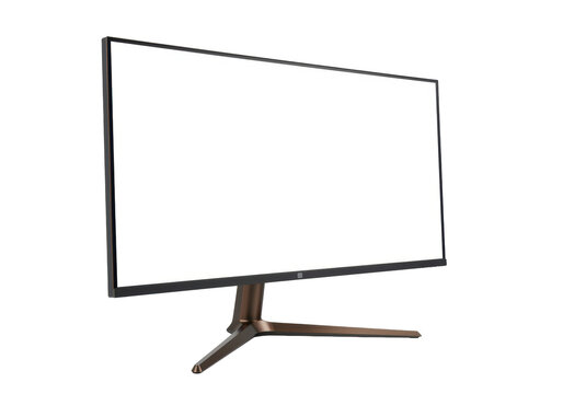 Isolated computer monitor, display screen for desktop PC with brown base and black frame