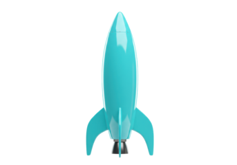 Isolated glossy blue rocket ship, space vehicle, 3D rendering illustration, futuristic design