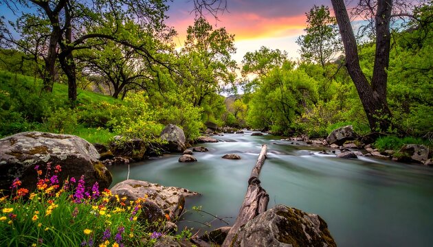 Peaceful flowing river surrounded by verdant trees and wildflowers, with a colorful sky at dusk
