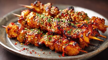Chinese Shaokao chicken skewers, juicy grilled chicken pieces coated in smoky spices and chili powder, sprinkled with cumin and sesame seeds, slight char marks