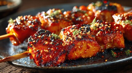Chinese Shaokao chicken skewers, juicy grilled chicken pieces coated in smoky spices and chili powder, sprinkled with cumin and sesame seeds, slight char marks