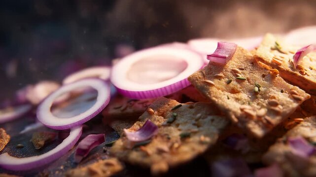 The crispy crackers are scattered, accompanied by vibrant slices of purple onion. This arrangement of crackers and onion showcases a delightful mix of color and texture in the scen