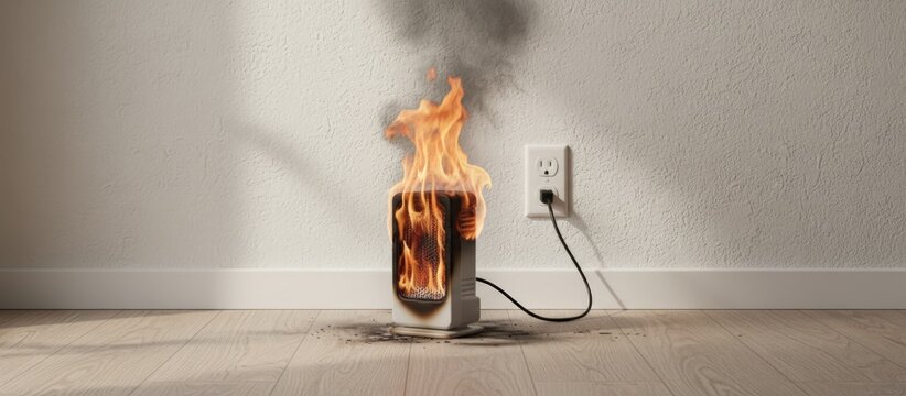 Household space heater overheating and ignites into flames, creating a dangerous fire hazard due to electrical fault and appliance malfunction, emphasizing home safety and accident prevention