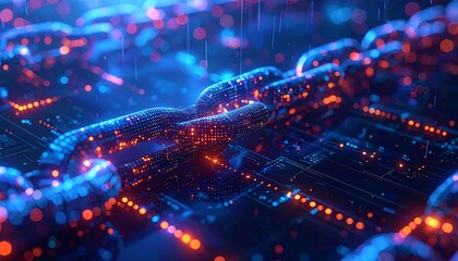 Digital chain with glowing links, overlaid on a circuit board pattern, bright blue and orange light effects