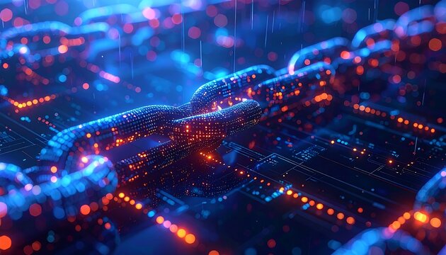 Digital chain with glowing links, overlaid on a circuit board pattern, bright blue and orange light effects