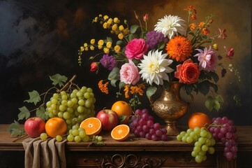 Vibrant floral still life oil painting with dahlias, roses, daisies in brass vase. Abundant fruit (grapes, oranges, apples) on rustic table, dark background. Wallart.