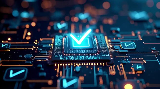 Digital Checkmark on Futuristic Circuit Board Representing Validation Success Data Processing and Secure Technology.