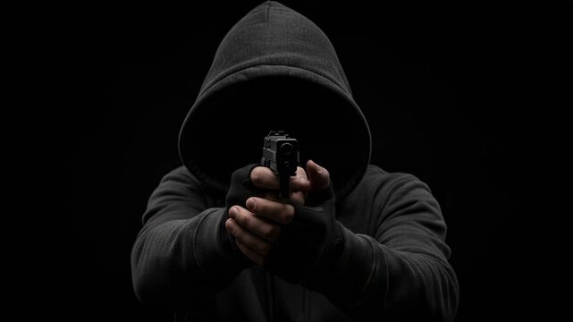 Unrecognizable criminal in a dark hoodie holding a pistol and pointing the firearm directly at the camera, representing a dangerous threat, assault, or robbery on a black background