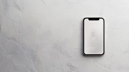 A smartphone displaying a fingerprint scan graphic is placed on a textured white surface, suggesting security and technology.