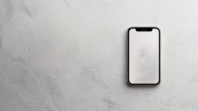 A smartphone displaying a fingerprint scan graphic is placed on a textured white surface, suggesting security and technology.
