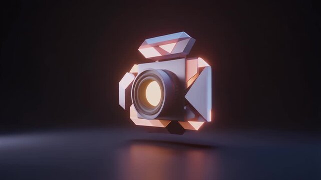 A futuristic and abstract 3D rendered camera icon with glowing orange accents on a dark background.