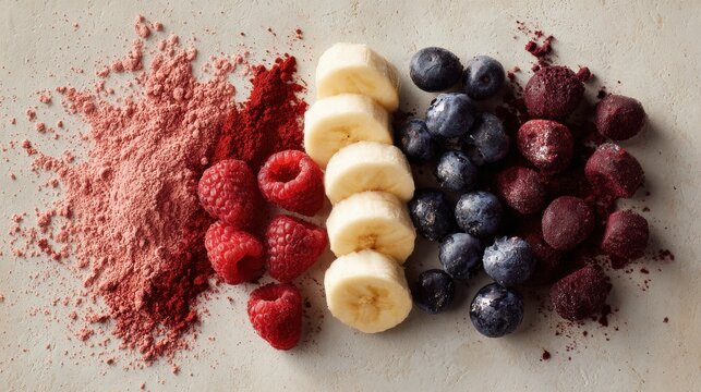 Fresh berries and banana slices with colorful fruit powders on stone surface