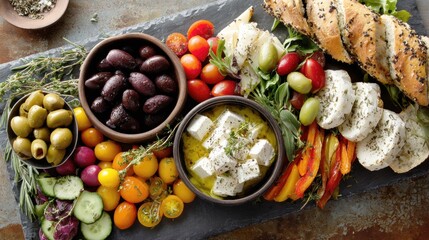 Mediterranean appetizer platter with olives, cheese, vegetables and fresh herbs on slate board