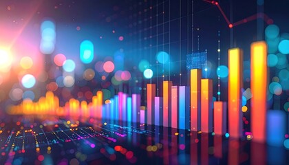 Digital cityscape showing colorful bar graphs and data lines with bokeh lights, creating a modern, abstract data visualization