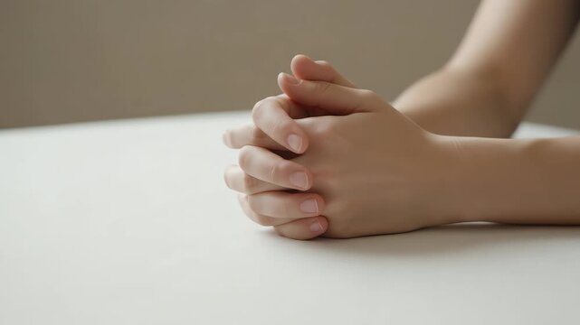Tense close up of a woman's hands clasped together on a white table, her fingers nervously fidgeting while being interrogated or questioned, revealing anxiety, stress, and guilt