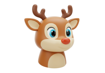 Isolated Christmas Rudolph reindeer head with red nose and brown antlers, cute holiday icon