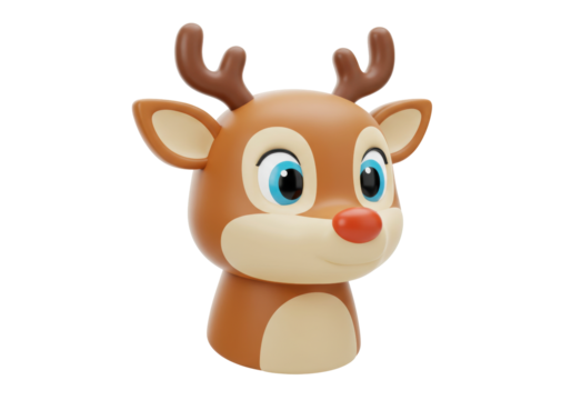 Isolated Christmas Rudolph reindeer head with red nose and brown antlers, cute holiday icon