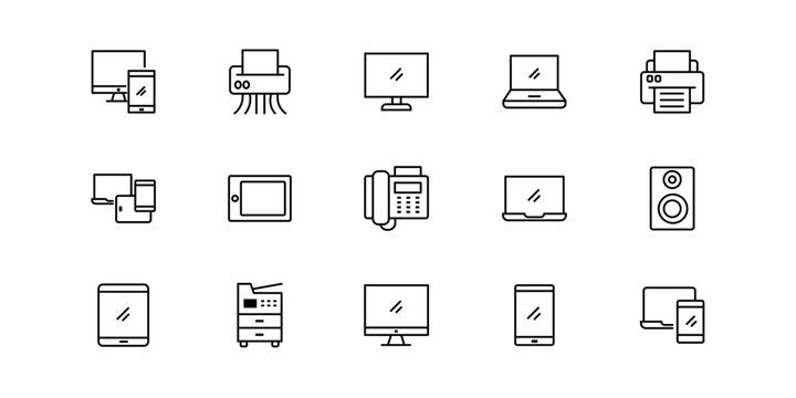 Device supplies linear icons set. Adapters, Batteries, Cables, Chargers. Silhouette style icon set design, Education online and eLearning theme Vector illustration. Ultrabook line icons collection. 