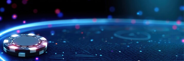 Glowing casino chip on futuristic digital surface with neon lights