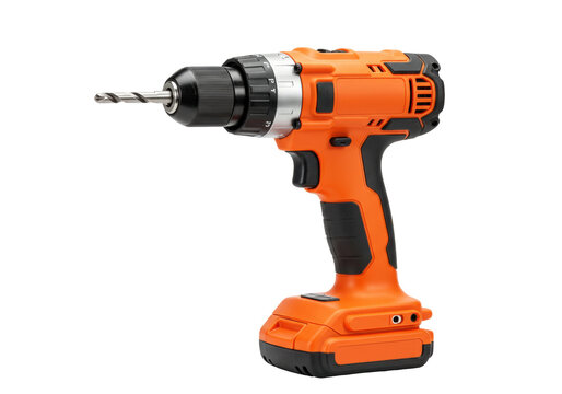Isolated cordless drill tool, orange and black power equipment for home improvement projects