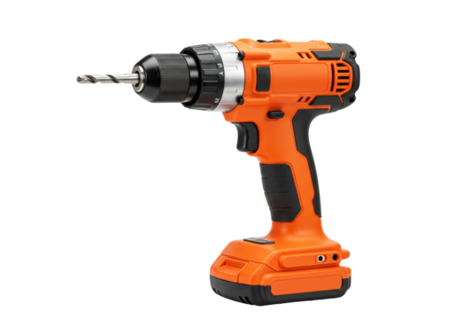 Isolated cordless drill tool, orange and black power equipment for home improvement projects