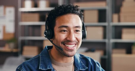 Logistics, man and talking with headset in small business to track delivery, order status or help. Supply chain, friendly agent or chat to client in warehouse for shipping enquiry or customer service