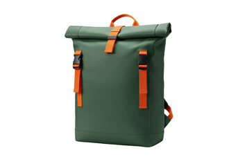 Isolated rolltop backpack in green with orange details on a neutral surface, travel bag