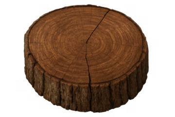 Tree stump cross-section displaying annual rings and textured bark on a transparent background
