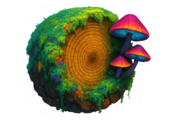 Fantasy tree stump growing vibrant moss and glowing colorful mushrooms, a magical nature illustration with transparent background