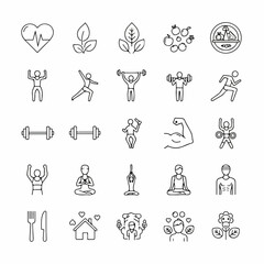 Fitness icon set. Containing health, wellness, nutrition, exercise, physical activity, sports, gym, muscle, diet, yoga, lifestyle and more. Editable line icons. Vector illustration.