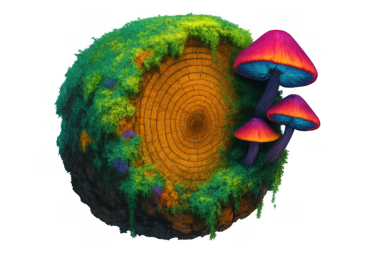 Fantasy tree stump growing vibrant moss and glowing colorful mushrooms, a magical nature illustration with transparent background