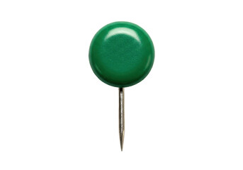 Isolated green push pin with metal needle point for attaching items to surfaces or boards