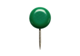 Isolated green push pin with metal needle point for attaching items to surfaces or boards
