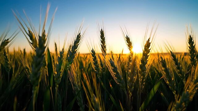 Golden wheat stands tall in the field, basking in the warm light of the setting sun. The serene scene of wheat swaying in the breeze captures the essence of tranquil nature.