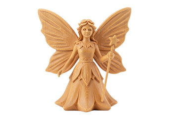 Isolated, angel figurine statue on the ground, hand-carved wooden sculpture, fairy tale art