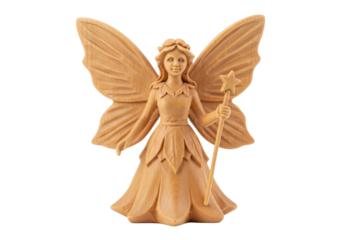 Isolated, angel figurine statue on the ground, hand-carved wooden sculpture, fairy tale art