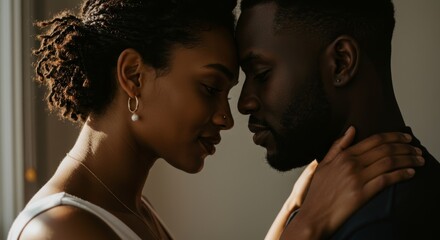 Couple facing each other with affection, intimate pose against a neutral backdrop. Black woman and man in casual clothing, close-up view of tender embrace in a modern urban setting.