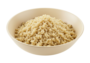 Isolated bowl of cooked quinoa ready to eat, healthy grains for vegan meal or dietary ingredient