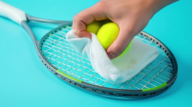 Close-up of Hand Cleaning Yellow Tennis Balls with a White Towel Resting on a Tennis Racket Against a Bright Blue Background