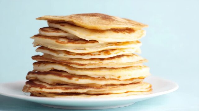 A tall stack of fluffy golden brown pancakes rests on a white plate against a light blue background