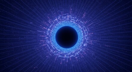 Portal in space, surrounded by futuristic technology with dark blue lighting. 3D rendered graphic suitable for tech, data, and design concepts.