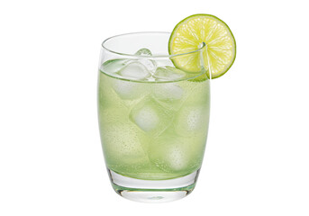 Isolated Green Cocktail with Lime Garnish Refreshment Drink Ice Cubes No Background