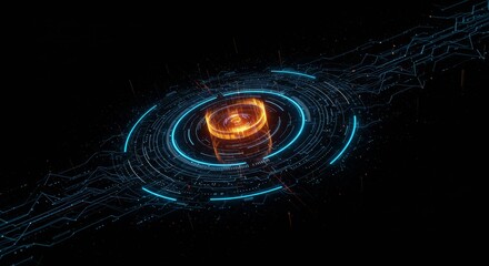 Abstract glowing circular interface with orange and blue light displays on a black background. Circular holographic display showing data streams and patterns.