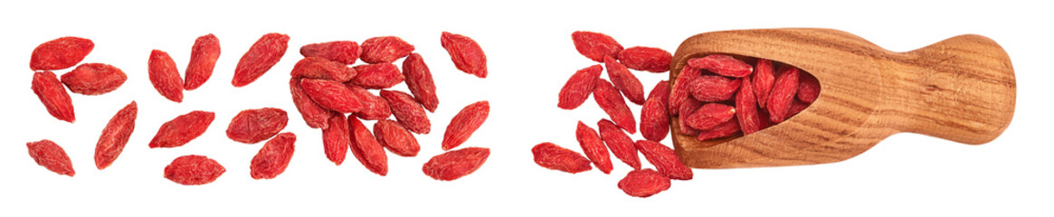 Dried goji berries isolated on white background. Top view with copy space for your text. Flat lay.