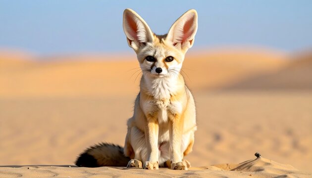 Small, tan fennec fox with large ears sits in the soft, undulating sand of a desert landscape under a bright, blue sky