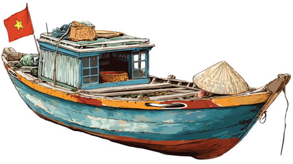 Fototapeta premium Vietnam Country Landmarks Boat Straw Hat Vector with Outline